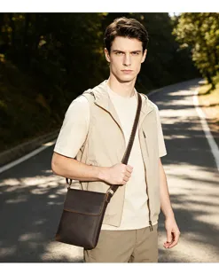 Men genuine leather shoulder bag minimalist crossbody bag phone pouch dark brown style