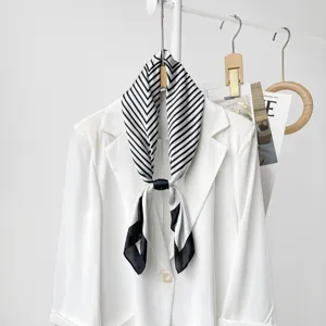 Black and white striped silk scarf with magnetic buckle for elegant women commute