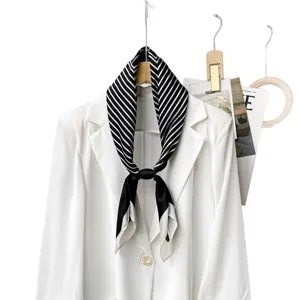 Classic black and white striped silk scarf for women, elegant commuting neck wrap and stylish accessory.