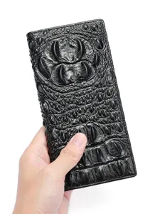 Cartera larga de cuero para hombre con patrón de cocodrilo, monedero negro de negocios.
