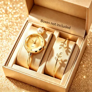 Detailaufnahme einer eleganten goldenen Damenuhr mit Perle und Blattarmband