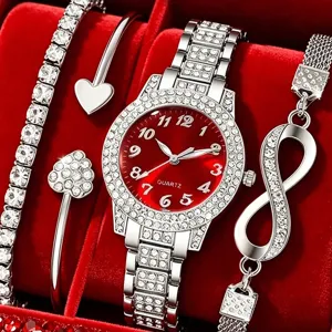 Luxus 4-teiliges Damen Quarz Uhren Set Elegante Legierung Strass Armbanduhr Mit Herz Armreif Unendlich Armband Tennis Schmuck Set