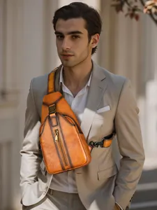 Mens Genuine Leather Chest Bag Vintage Casual Sling Bag Top Layer Cowhide Crossbody Bag Waterproof Multi Pocket Daypack