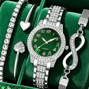 Luxuriöses Damen-Quarzuhren-Set mit grünem Zifferblatt und passenden Armbändern in Box