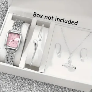 Elegantes Schmuckset für Damen mit quadratischer rosa Uhr und silbernem Zubehör.
