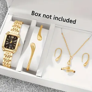 Nahaufnahme des eleganten 6-teiligen Damen-Gold-Schmucksets mit einer quadratischen Quarzuhr
