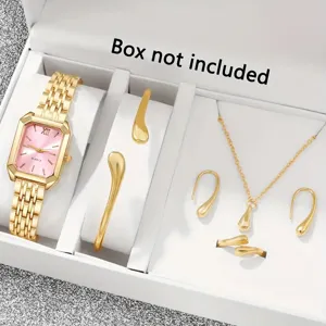 Elegantes 6-teiliges goldenes Damenuhren- und Schmuckset mit rosa Zifferblatt und Tropfenanhänger