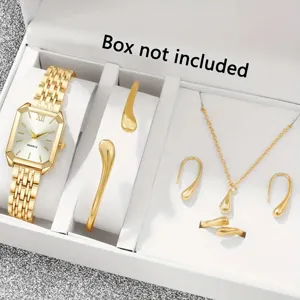 6-teiliges goldenes Schmuckset mit quadratischer Quarzuhr und Tropfenanhängern