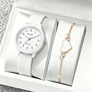 Lässige Quarzuhr Silikonarmband Rundes Zifferblatt Analoge Zeiger Armbanduhr Einfache Schule Stil Uhr Schmuck Armband Set Für Studenten Universal