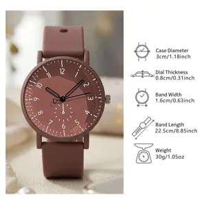 Minimalistische braune Silikonuhr für Studenten mit detaillierten Maß- und Gewichtsangaben