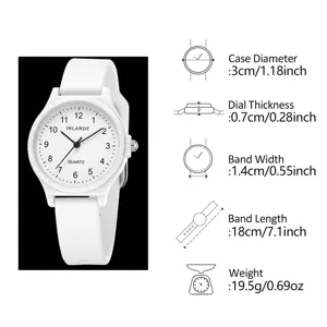 Detaillierte Spezifikationen einer weißen Quarzuhr für Schüler mit Silikonarmband