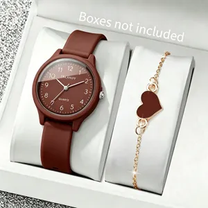 Kaffeebraunes Analog-Uhren- und Herzarmband-Set mit bequemem Silikonarmband für Damen