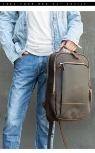 Zaino vintage in vera pelle da uomo, grande capacità per viaggi all'aperto e laptop casual.