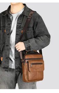 Bolso bandolera de cuero genuino para hombre, bolso cruzado casual vintage con múltiples bolsillos.
