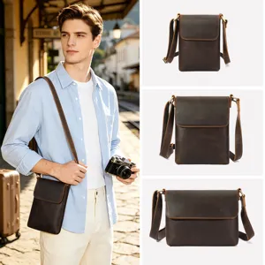 Men vintage crazy horse leather shoulder bag casual crossbody messenger bag for daily use.