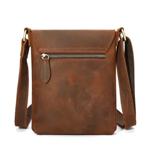 Men vintage crazy horse leather shoulder bag, casual brown cowhide crossbody messenger bag.