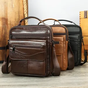 Bolso de Hombro de Cuero Genuino para Hombre Vintage Business Casual Bolso Bandolera de Gran Capacidad Con Múltiples Bolsillos