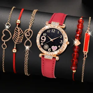 Elegante Damen-Quarzuhr und Set aus fünf passenden roten Armbändern in Roségold