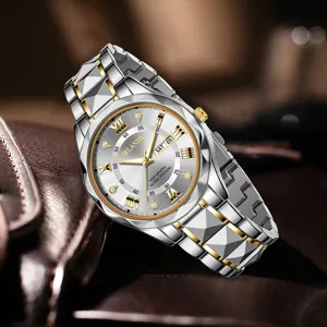 Luxuriöse Quarzuhr für Herren in Silber und Gold mit Diamantakzenten und Datumsanzeige