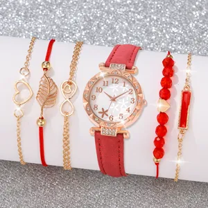 Elegantes rotes Quarzuhren-Set mit fünf passenden goldfarbenen Armbändern für Damen