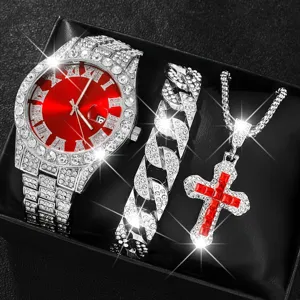 Luxuriöses Iced Out Herrenuhren-Set mit rotem Zifferblatt und glitzerndem Schmuck