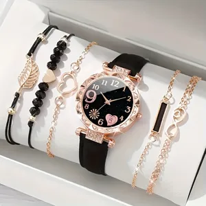 Damen Mode Quarzuhr Und Armband Set Herz Blumenmuster Sternenhimmel Zifferblatt PU Lederband Strass Eingelegtes Uhrenset Für Studenten Geschenk Schmuck
