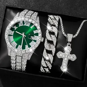 Herren Luxus Silber Iced-Out Uhren-Set mit grünem Zifferblatt und Kreuzkette in Box.