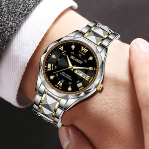 Nahaufnahme einer luxuriösen Herren-Quarzuhr mit Kalender und diamantgeschliffener Lünette