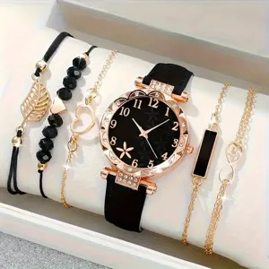 Detailansicht eines eleganten Damen-Quarzuhren-Sets mit fünf passenden Armbändern