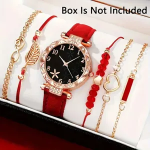 Detaillierte Nahaufnahme eines roten Damenarmbanduhr-Sets mit passenden Armbändern in Roségold