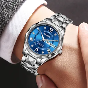 Herren-Quarzuhr mit blauem Zifferblatt und silbernem Metallarmband in Rautenoptik