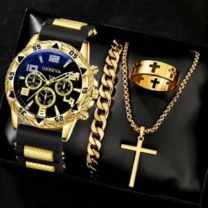Detailansicht eines luxuriösen Herren-Golduhrensets mit Kreuzkette und Panzerarmband
