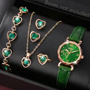 Luxuriöses Damen-Uhrenset mit Smaragd-Schmuck, Herz-Anhängern und grünem Lederarmband