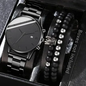 Minimalist black men's quartz watch paired with luxury crown beaded bracelets set
