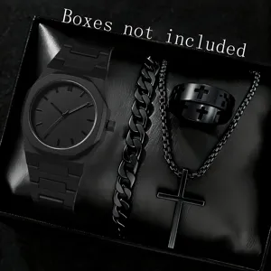 Premium all-black men's jewelry set featuring quartz watch, cross necklace, bracelet, and ring
