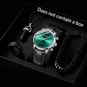 Nahaufnahme eines luxuriösen Herren-Quarzuhren-Sets mit Lederarmband und Zubehör