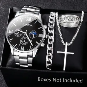 Set di Orologi al Quarzo da Uomo Business Quadrante Romano in Lega Con Bracciale a Catena Cubana Collana a Croce Anello Set di Gioielli