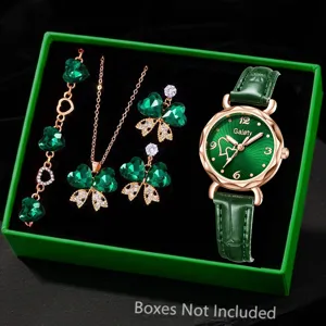 Detailansicht der grünen Lederarmbanduhr mit passendem Herz-Schmuckset in der Box