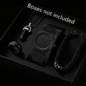 Detail of all-black men's quartz watch and matching jewelry set in matte finish.
