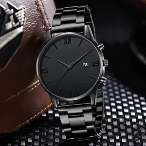 Close-up of minimalist black men's watch with Roman numerals and date display window.