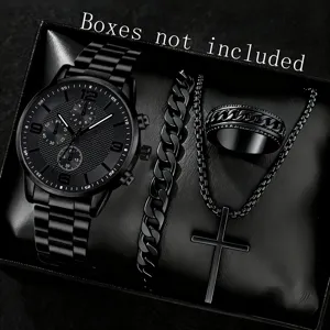 Schwarzes Herren-Schmuckset mit Uhr, Armband, Kreuzkette und Ring für Herren Mode