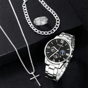 Vista dettagliata del set orologio Geneva da uomo con collana, anello e bracciale.