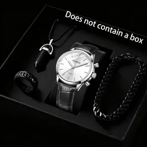 Herren Business Quarzuhr Set mit schwarzem Lederarmband, Ring und Halskette Detail