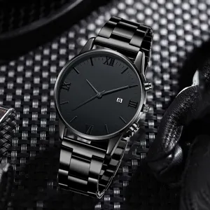 Detailed view of an all-black men's wristwatch with metal strap and Roman numerals.