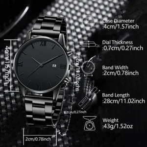 Detailed dimensions and technical specifications of minimalist black stainless steel watch for men