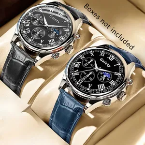 Detailed view of luxury men's quartz watches featuring black and blue leather straps