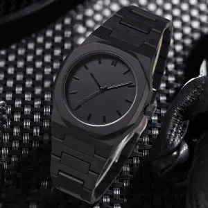 Close-up of a minimalist all-black quartz watch with octagonal bezel and linear markers