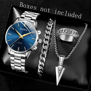 Nahaufnahme eines eleganten Herren-Uhrensets mit Armband, Kette und Ring