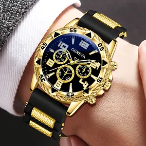 Detailansicht einer luxuriösen Herrenuhr mit goldfarbenem Gehäuse und schwarzem Band