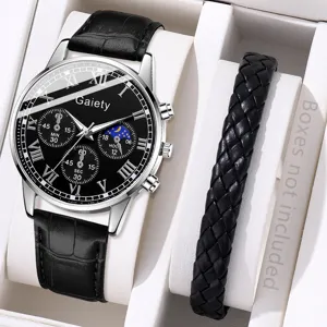 Close-up of men's business quartz watch with black leather strap and braided bracelet
